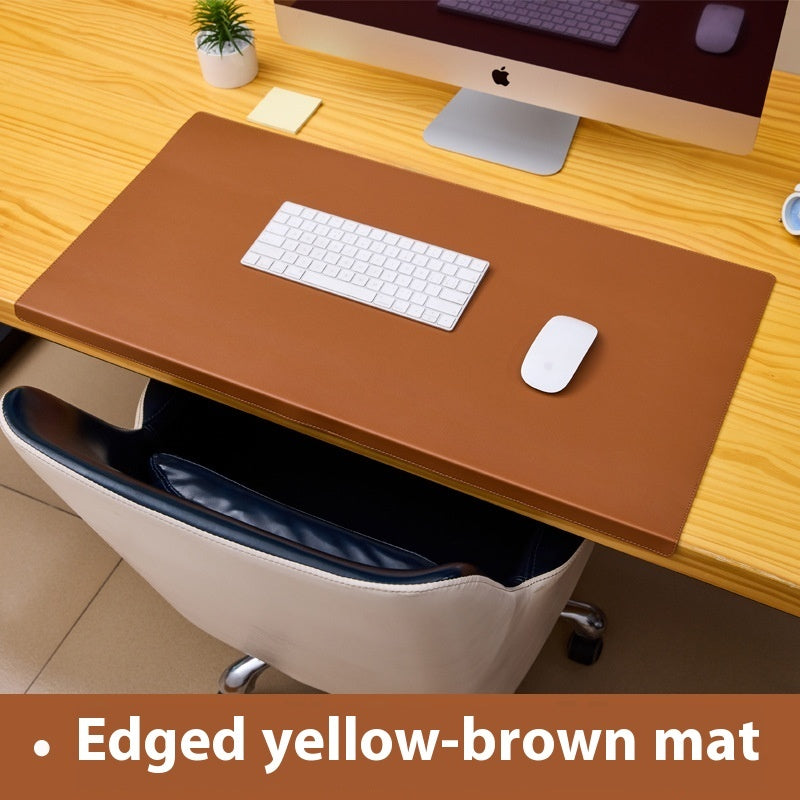 Brown PU desk mat with yellow-brown stitched edge, oversized mouse pad