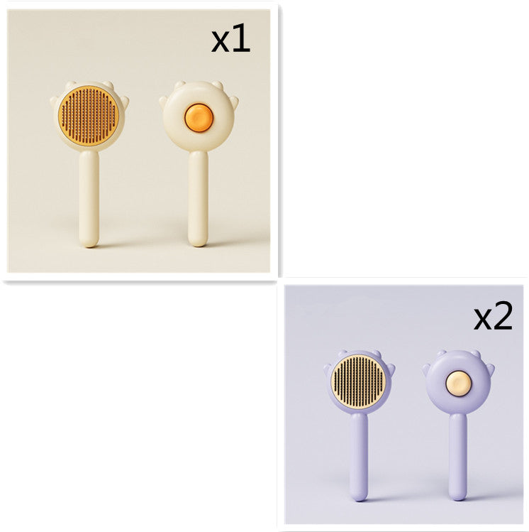Pet grooming massage comb set with orange and purple round bristle brushes on white handles
