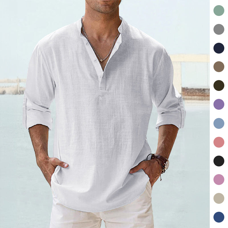 Men's cotton-linen pullover shirt, stand collar, long sleeves, white with button placket