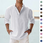 Men's cotton-linen pullover shirt, stand collar, long sleeves, white with button placket