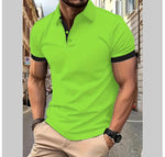 Men's short-sleeve polo shirt, bright green with black collar and sleeve trim