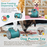 Teal dog slow feeder puzzle toy on floor with dog reaching toward it