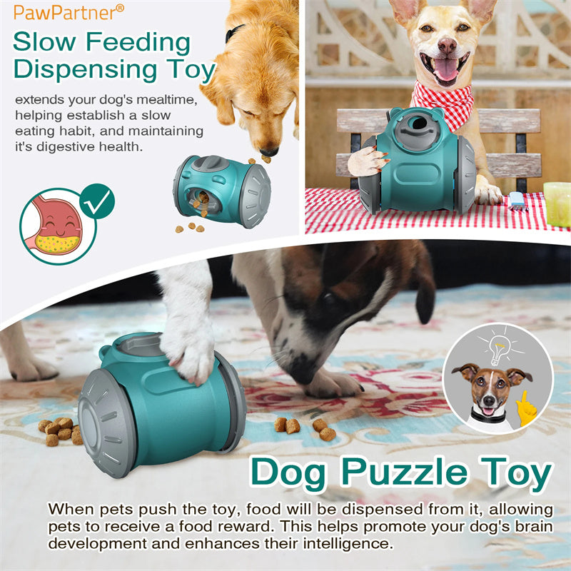 Teal dog slow feeder puzzle toy on floor with dog reaching toward it