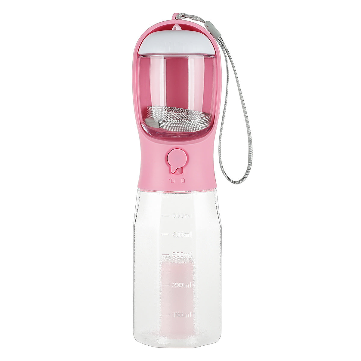 3-in-1 portable dog water bottle in pink with mesh strainer cup and carry strap