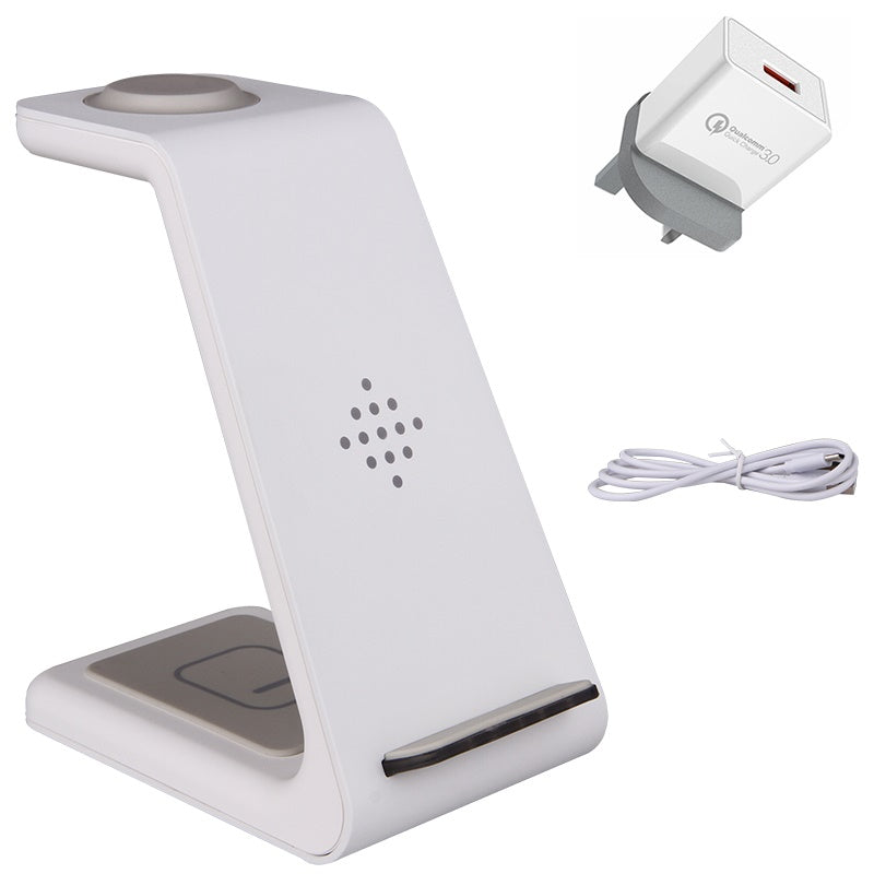 White 3-in-1 wireless charging station with Qi pad and connected cable, phone holder