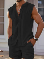 Men's black sleeveless crew-neck tank top and matching shorts set, textured fabric