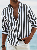 Men's striped casual shirt, black and white, open collar button placket long sleeves