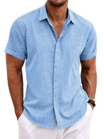 Light blue men's linen-style stand collar short sleeve T-shirt, front view