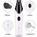 Electric pet nail grinder, showing power button, charging port, and LED cue light