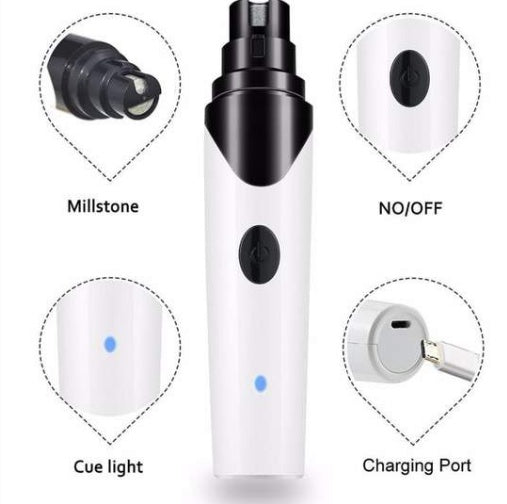 Electric pet nail grinder, showing power button, charging port, and LED cue light
