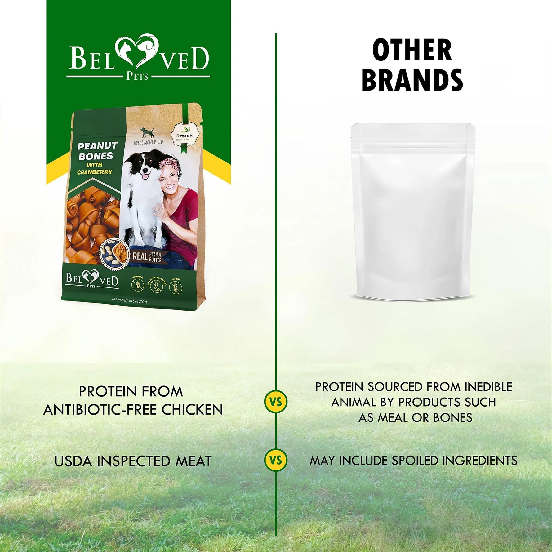 Beloved Pets dog treat bag beside an empty white pouch