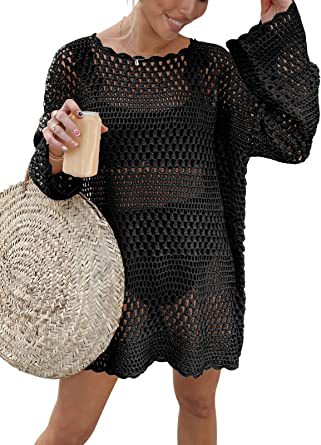 Women’s crochet hollow beach cover-up sweater, black with loose bell sleeves
