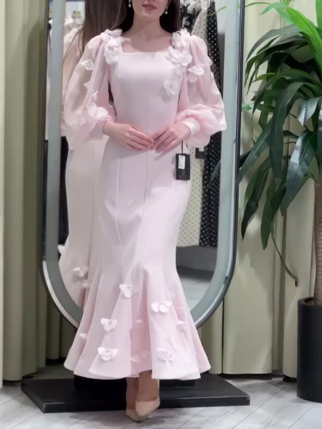 Floral Fishtail Dress by [Brand Name] - Elegant Long Sleeve with Stunning Flower Embellishments