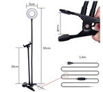 LED selfie ring light size diagram: ring, 65 cm stand, clamp, USB cable