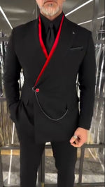 Redefined Double-Layered Jacket with Bold Red Interior and Stylish Chain Accent