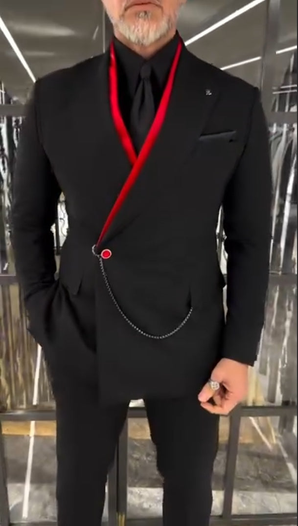 Redefined Double-Layered Jacket with Bold Red Interior and Stylish Chain Accent