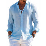 Men's long-sleeve button-up shirt, light blue, lapel collar, solid button front