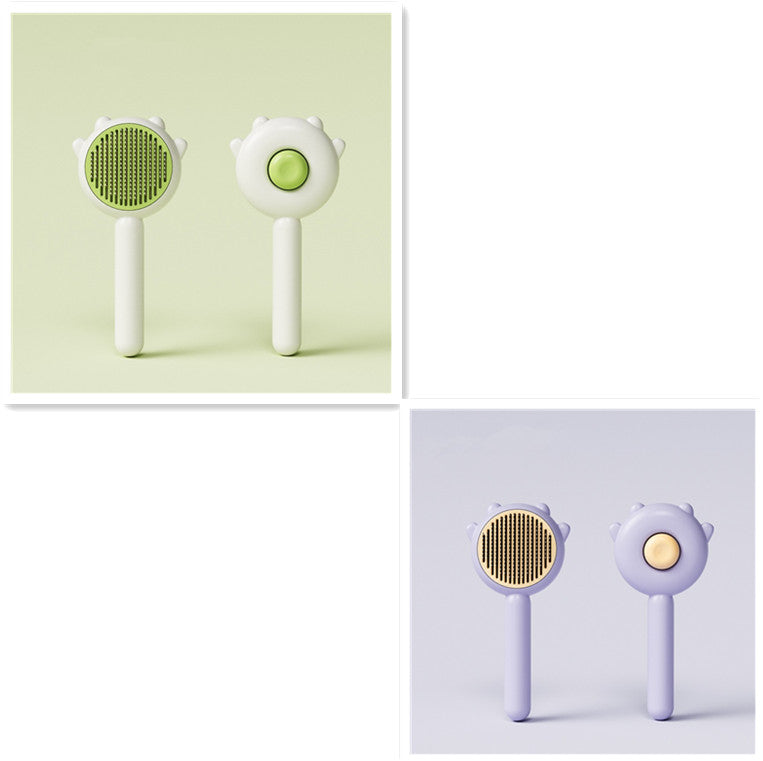 Set of two cat grooming comb brushes, green and lavender, with spiked paw heads