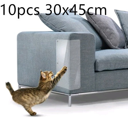 Sofa guard pads with a clear PVC anti-scratch protector on the sofa arm, cat visible