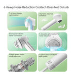 White pet hair dryer showing quiet noise-reduction design with vented intake filter holes