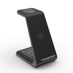 Black wireless charger stand with upright phone cradle and green LED indicator