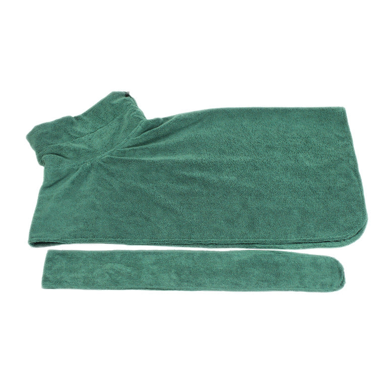 Green microfiber pet bathrobe drying coat with matching towel wrap and hook-and-loop bands