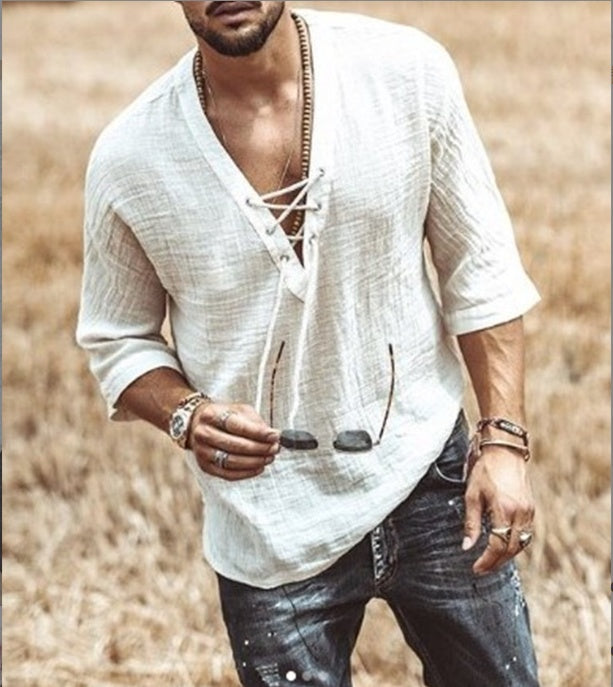 Men's short-sleeve button-up shirt with lace-up V neckline and textured weave