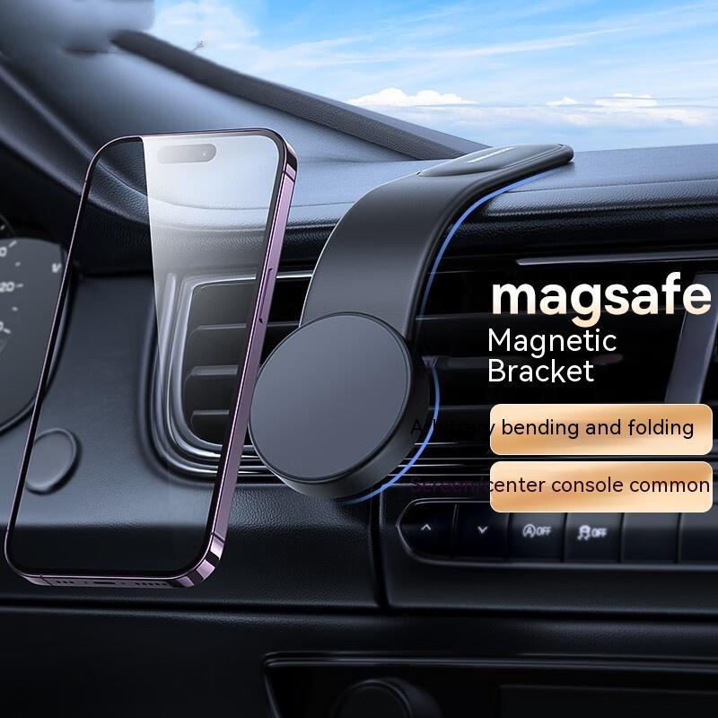 MagSafe magnetic car phone holder with round dashboard mount and bendable arm