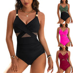 One-piece swimsuit in black with V-neck and crisscross front, ruched at hips