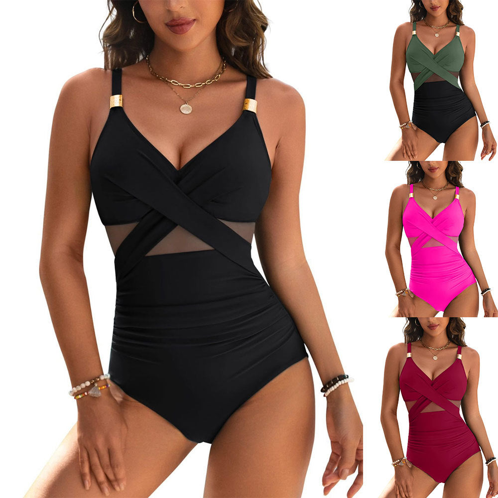 One-piece swimsuit in black with V-neck and crisscross front, ruched at hips
