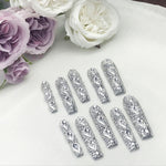 Long press-on nails set, silver rhinestone 3D crystal full coverage tips