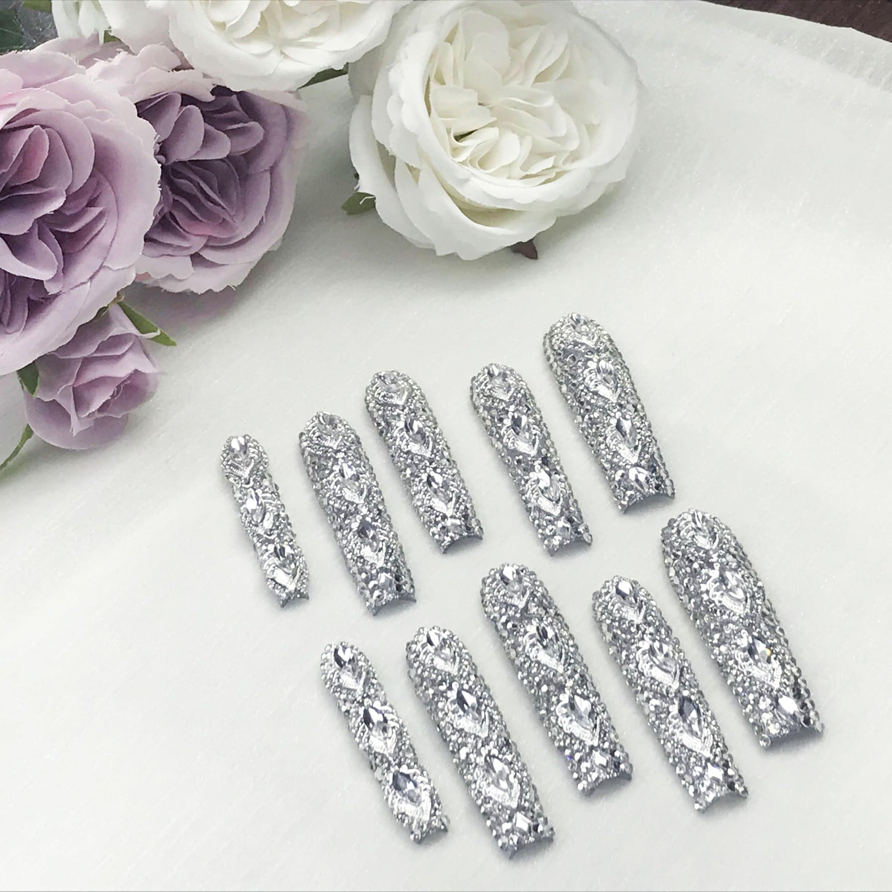 Long press-on nails set, silver rhinestone 3D crystal full coverage tips
