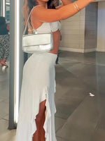 White bandeau top and ruffled slit maxi skirt, sleeveless tie-front set