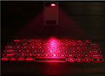 Laser projected keyboard keys in red light with built-in mouse unit above