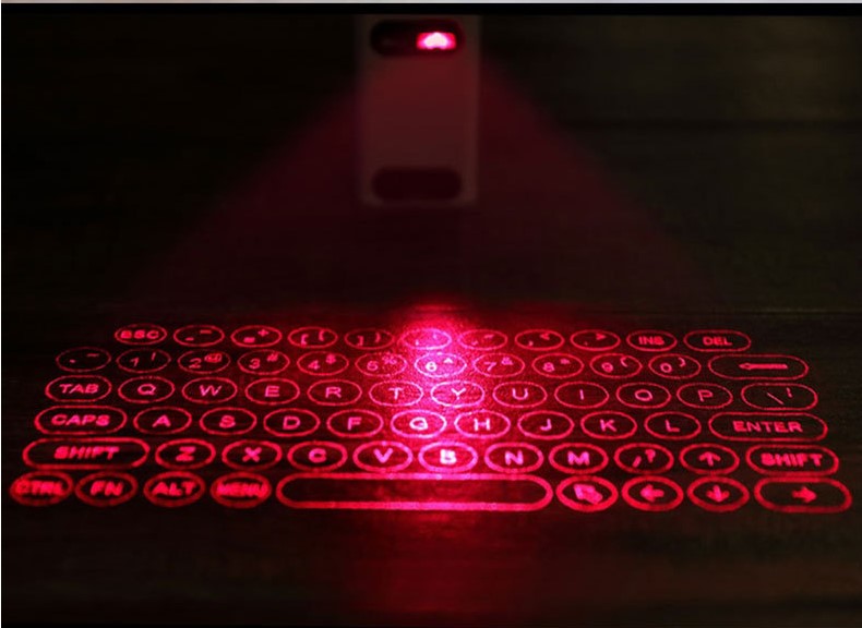 Laser projected keyboard keys in red light with built-in mouse unit above