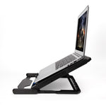 Laptop cooling stand raising a laptop screen on an adjustable black metal mesh platform