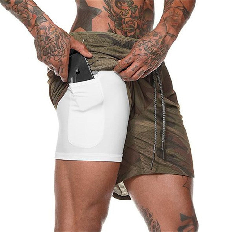 Olive camo pocket compression shorts with side phone holder and white inside lining
