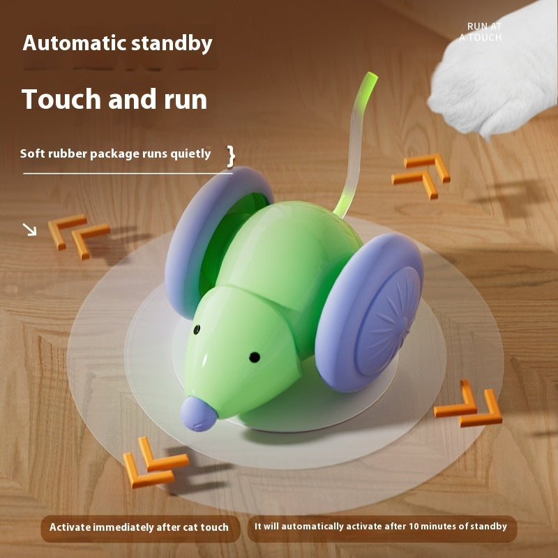 Green cat toy mouse with large purple wheels, soft rounded body and upright antenna