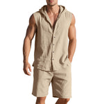 Men's sleeveless two-piece set in beige, hooded button-front shirt and matching shorts.