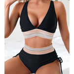 Women’s deep V-neck backless bikini set with dark top, multicolor striped midriff band