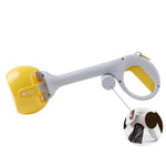Dog waste scooper with yellow bin and white handle, side view with bag opening.