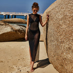 Women's black sheer sleeveless V-neck beach blouse, fitted silhouette with side slit.