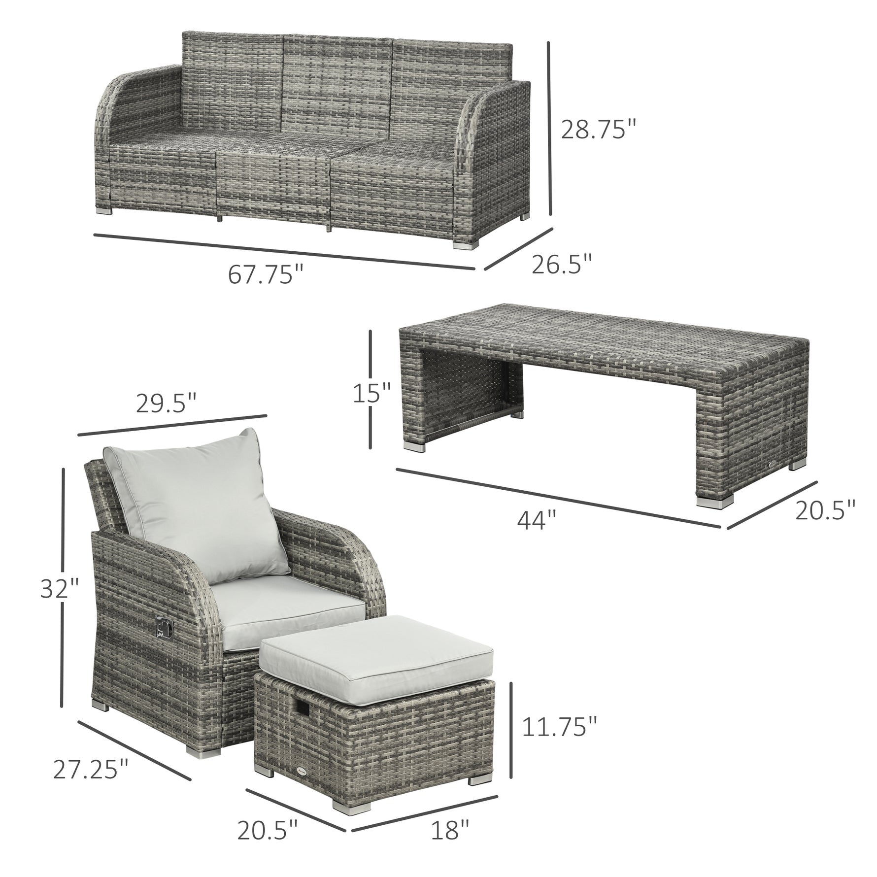 Six-piece Outdoor Rattan Dining Set, Outdoor Sofa Set With Reclining Armchairs And Mental Frame, Grey