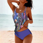 Blue floral halter bikini top with solid purple briefs and ruched sides