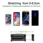 Car phone holder clamp with size-range diagram and phone models