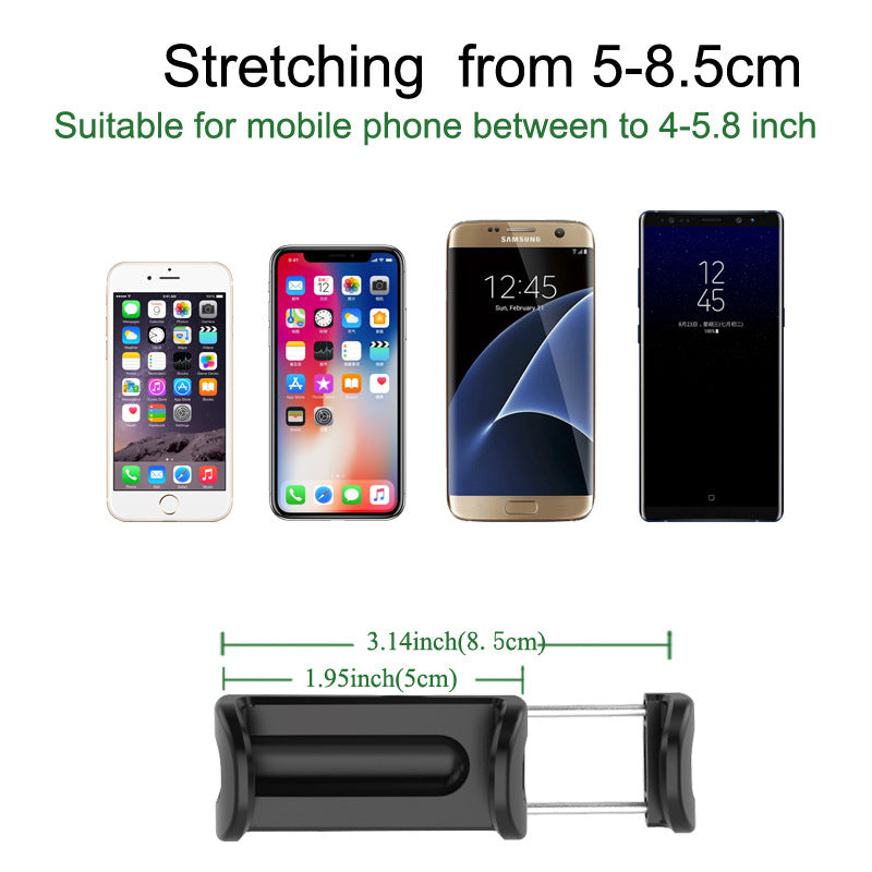 Car phone holder clamp with size-range diagram and phone models