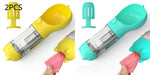 Portable pet water bottle feeder with yellow and teal bowls, clear bottle, includes pink waste bag