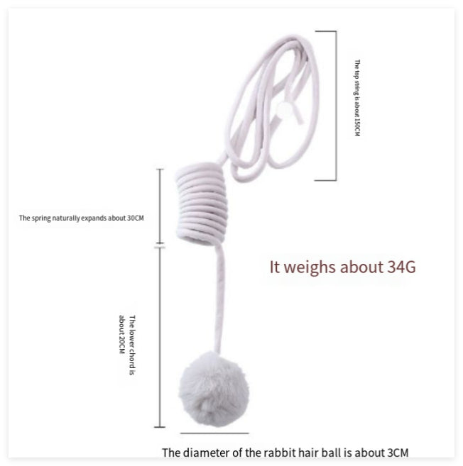 White spring cat toy with rabbit fur hair ball and flexible cord loop