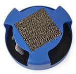 Cat interactive toy with blue base, tan scratch mat, and gray mouse toy