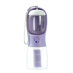 Portable pet water bottle cup with 300ml markings, purple body and clear jug